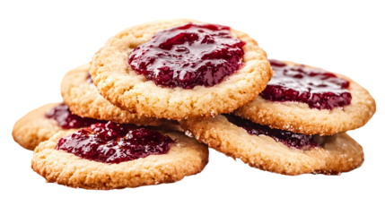 A close up of a stack of jam filled cookies with bright lighting details isolated on white background