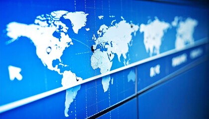 A world map displayed on a blue digital screen, possibly a financial data display