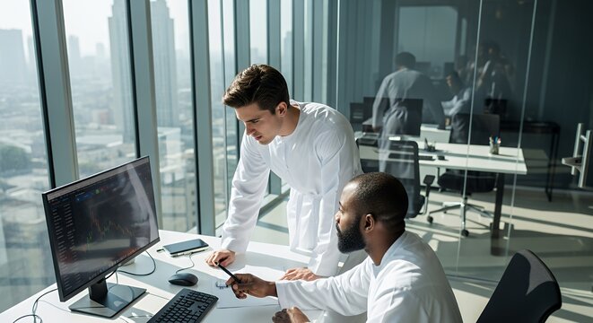 Two male professionals in white lab coats collaborate intently on a computer in a modern with a stunning city view.