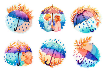 Colorful umbrella stickers set with autumn leaves and raindrops