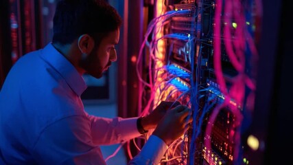 Data Technician at Work: A focused technician meticulously examines network cables within a high-tech server room, bathed in the cool glow of digital infrastructure, embodying technical expertise. - Powered by Adobe