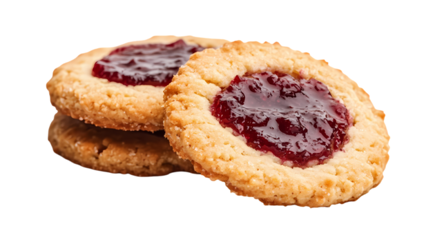A close up of a stack of jam filled cookies with bright lighting details isolated on white background