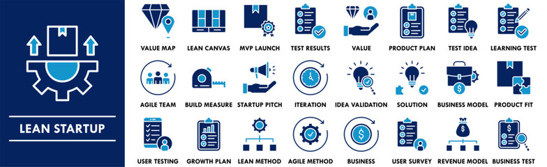 Lean Startup icon collection set. Containing design startup, lean, pivot, iterate, MVP, validate, customer