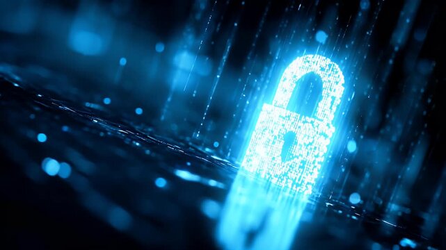 
A digital illustration of a cyber security concept, featuring a padlock and hologram data blocks, 