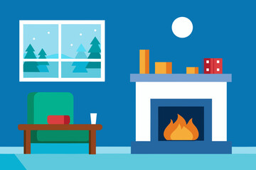 Obraz premium Cozy winter living room scene with a fireplace and snowy window view