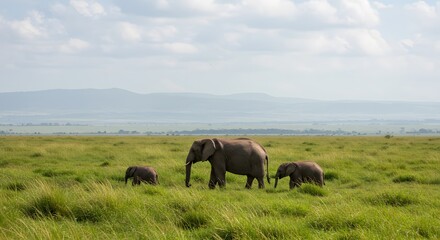 Fototapeta premium Asian Elephant Family in Grassy Clearing, Photorealistic Wide-Angle Wildlife Photograph, Adult with Juvenile Elephants and Baby Calf, Lush Green Grass and Reddish-Brown Dust, Dense Tropical Forest wit