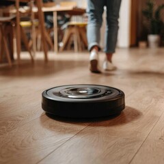 A robotic vacuum cleaner glides across a light brown hardwood floor, a person's legs and feet visible in the blurry background