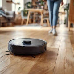 A robotic vacuum cleaner diligently cleans a light-brown hardwood floor in a modern living room; a person's legs are visible in the background, walking away