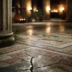 Ancient mosaic floor, cracked and wet, reflecting candlelight in a dimly lit, pillared hall
