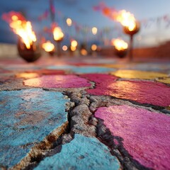 Colorful, cracked cobblestones in the foreground, blurred flaming torches and festive lights in the background at dusk