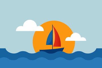 Naklejka premium Sailboat on blue ocean waves with a bright orange sun and white clouds