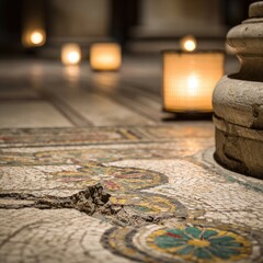 Close-up of aged mosaic floor with candlelight illuminating a damaged section near a stone column