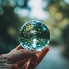 A hand gently cradles a crystal sphere, inverted reflecting a verdant park scene, bokeh blurring the background