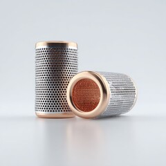 Two metallic cylinders, rose gold rims, perforated silver bodies, subtly reflecting on a light grey background