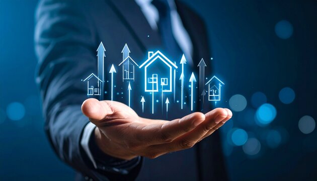 Man's hand presents home sales rising above it against tech style glowing backdrop