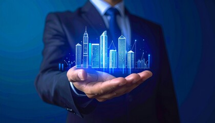 Cityscape hologram presentation on palm, with data charts behind, for real estate or investment