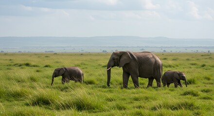 Fototapeta premium Asian Elephant Family in Grassy Clearing, Photorealistic Wide-Angle Wildlife Photograph, Adult with Juvenile Elephants and Baby Calf, Lush Green Grass and Reddish-Brown Dust, Dense Tropical Forest wit