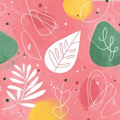 Abstract pink background with white and green foliage, accented by yellow and red watercolor splatters