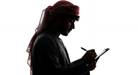 A young man in traditional Middle Eastern attire thoughtfully records notes on a clipboard, his profile silhouetted against a bright background.