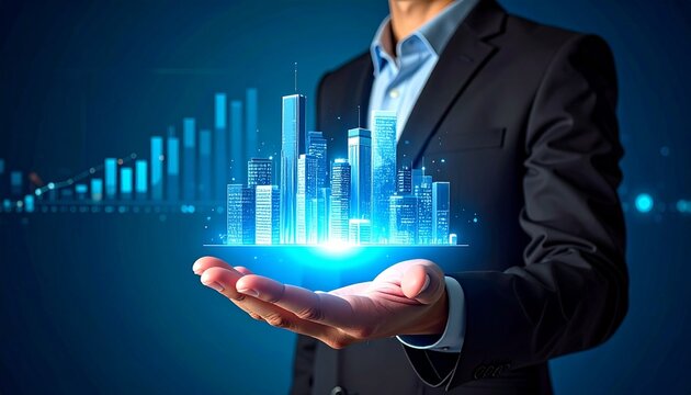 Architect holding model city; market data growing. Use Real estate, business, finance