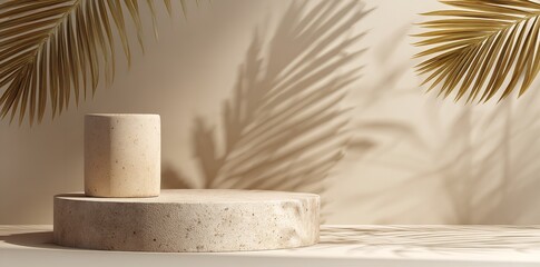 Beige Minimalist Product Display Stone Platform Palm Shadows Summer Sand Calm Chic Scene Clean Light