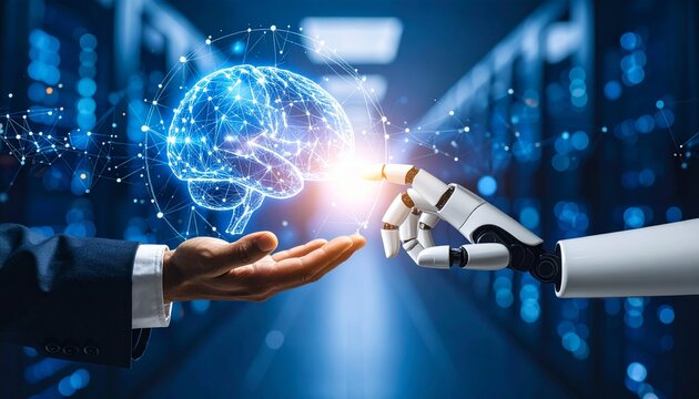 Robot touches a brain hologram held by person in data center. AI innovation use in tech future