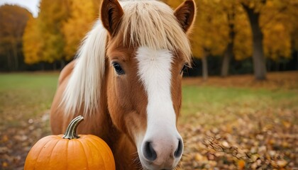 pony with a pumpkin during the autumn