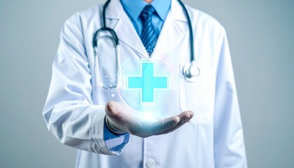 Doctor offers virtual medical aid with a holographic plus sign in studio. Healthcare concept
