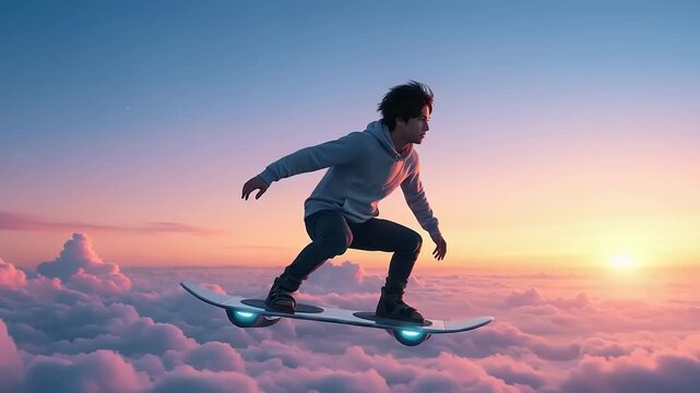Person riding hoverboard above clouds at sunset