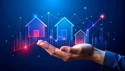 Rising Home Values Hand presents houses amidst growth chart, possibly for investment ads