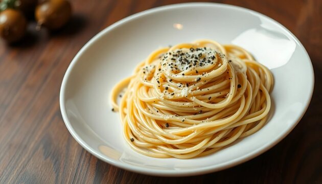 Al dente spaghetti cacio e pepe, creamy cheese sauce, black pepper, white plate,  culinary,  cacio e pepe