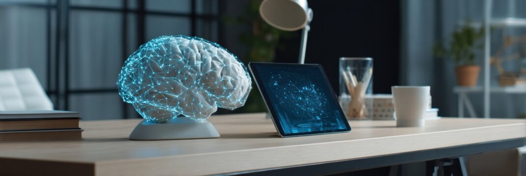 Modern Office Workspace Featuring a Digital Brain Model on a Tablet With a Clean Desk and Organized Elements in a Contemporary Setting