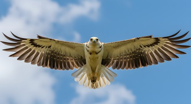 Majestic Eagle in Mid-Flight Close-Up, Photorealistic Worm’s Eye View of Spread Wings, Intricate Creamy White and Brown Feather Patterns, Sharp Gaze Against Vibrant Blue Sky, Bright Natural Light High