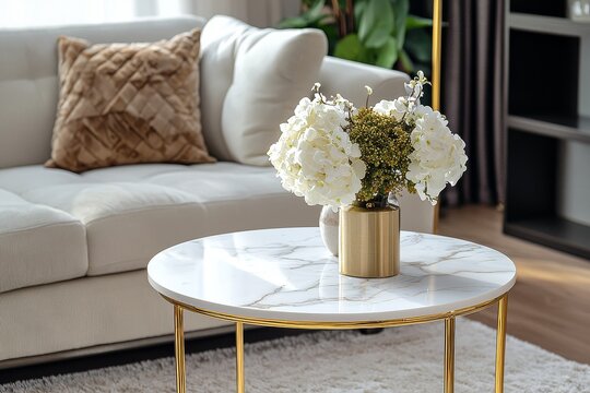 Modern white gold side table with marble top and golden metal frame, minimalist design for living room as coffee or end table