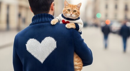 Man carries ginger cat wearing a sweater, heart on his sweater, city street background.