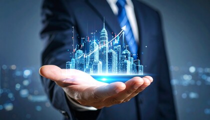 Hand holds futuristic city hologram. Arrow shows growth over background lights. Finance use