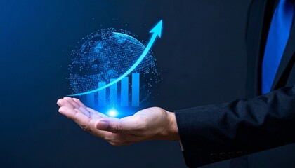 Hand holding upward graph globe for finance, business presentation on tech growth