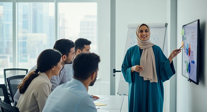 A woman in a hijab confidently leads a business presentation to a diverse team, sharing insights on a digital whiteboard.