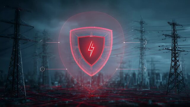 
A digital shield with electricity grid elements, symbolizing energy security and protection against cyber attacks,