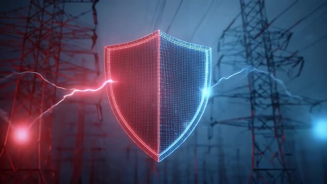 
A digital shield with electricity grid elements, symbolizing energy security and protection against cyber attacks,