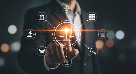 Fototapeta premium Modern businessman touching justice scales icon for legal services and law firm solutions