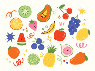Colorful Tropical Fruits Illustration Fun Vector Set. A bright and playful collection of tropical and seasonal fruits with abstract decorative elements. Perfect for summer designs, packaging, posters.