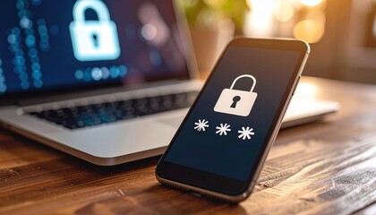 Phone lock screen shows a padlock, background laptop displays code on a wooden desk; security concept