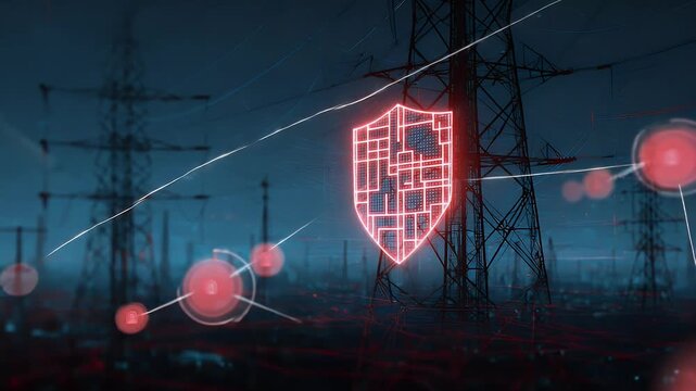 
A digital shield with electricity grid elements, symbolizing energy security and protection against cyber attacks,