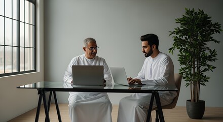 Two men in traditional Middle Eastern clothing collaborate on laptops in a modern, minimalist space.