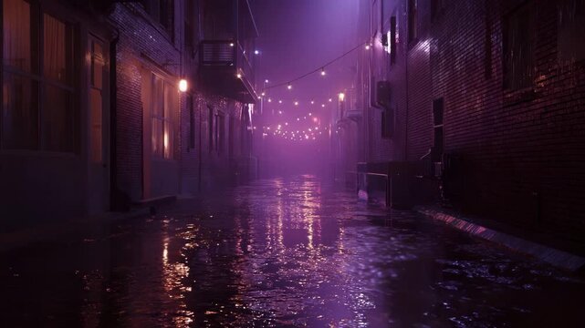 Rainy night in a narrow city alley, purple and pink neon lights reflecting on wet pavement. Brick buildings and string lights create a moody atmosphere. 