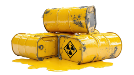 Broken hazardous waste containers leaking liquid background isolated on a Transparent background, PNG file.