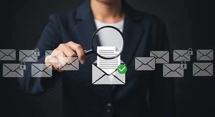 Professional checks email security with a magnifying glass, ensuring privacy and protection from cyber threats