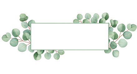 Watercolor Eucalyptus Banner – Hand-painted Green Leaves on White Background, Botanical Clipart Decoration