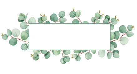 Watercolor Eucalyptus Banner – Hand-painted Green Leaves on White Background, Botanical Clipart Decoration